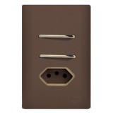 Conjunto Interruptor Duplo Simples + Tomada 10A 4x2 - Novara Marrom Fosco Gold